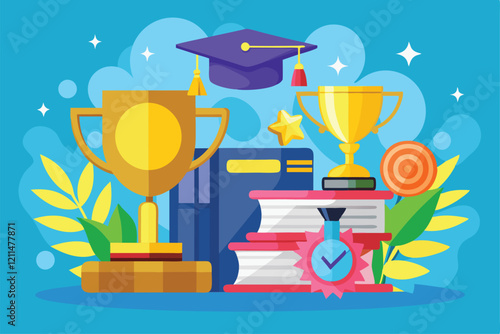 A colorful arrangement of graduation awards, trophies, and books celebrating academic success Graduation award and prize for talented and successful students,