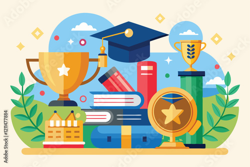 Trophies and books symbolize success and recognition in education and academic excellence Graduation award and prize for talented and successful students,