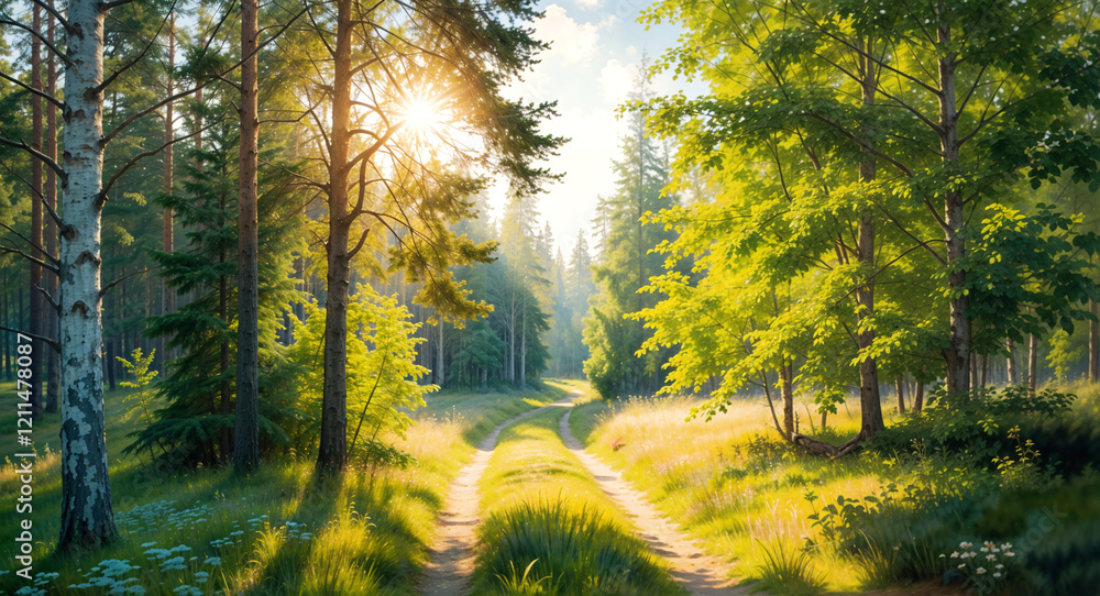 Obraz premium Watercolor summer landscape of Russian nature . Generative AI