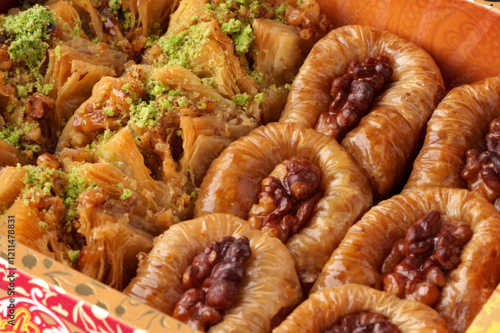 Delicious assortment of traditional Middle Eastern pastries displayed in an ornate box during a festive gathering Delicious assortment of traditional Middle Eastern pastries displayed in an ornate box during a festive gathering
