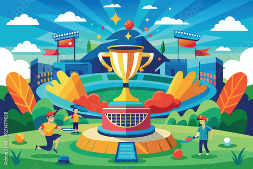 Players compete in a lively tennis tournament featuring a shiny trophy amidst colorful surroundings Grand slam Customizable Cartoon Illustration