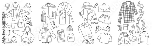 Jackets, sweatshirts, clothing and shoes. Sets of clothes for winter, spring, summer and autumn. Flat line vector illustration, eps10