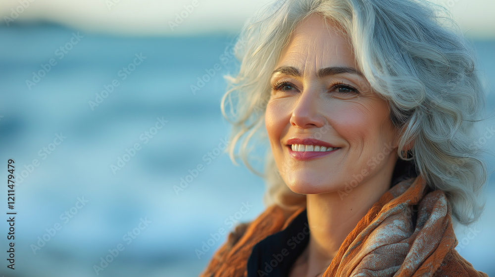 Smiling mature woman on seaside close up portrait. Smiling mature woman on seaside close up portrait.