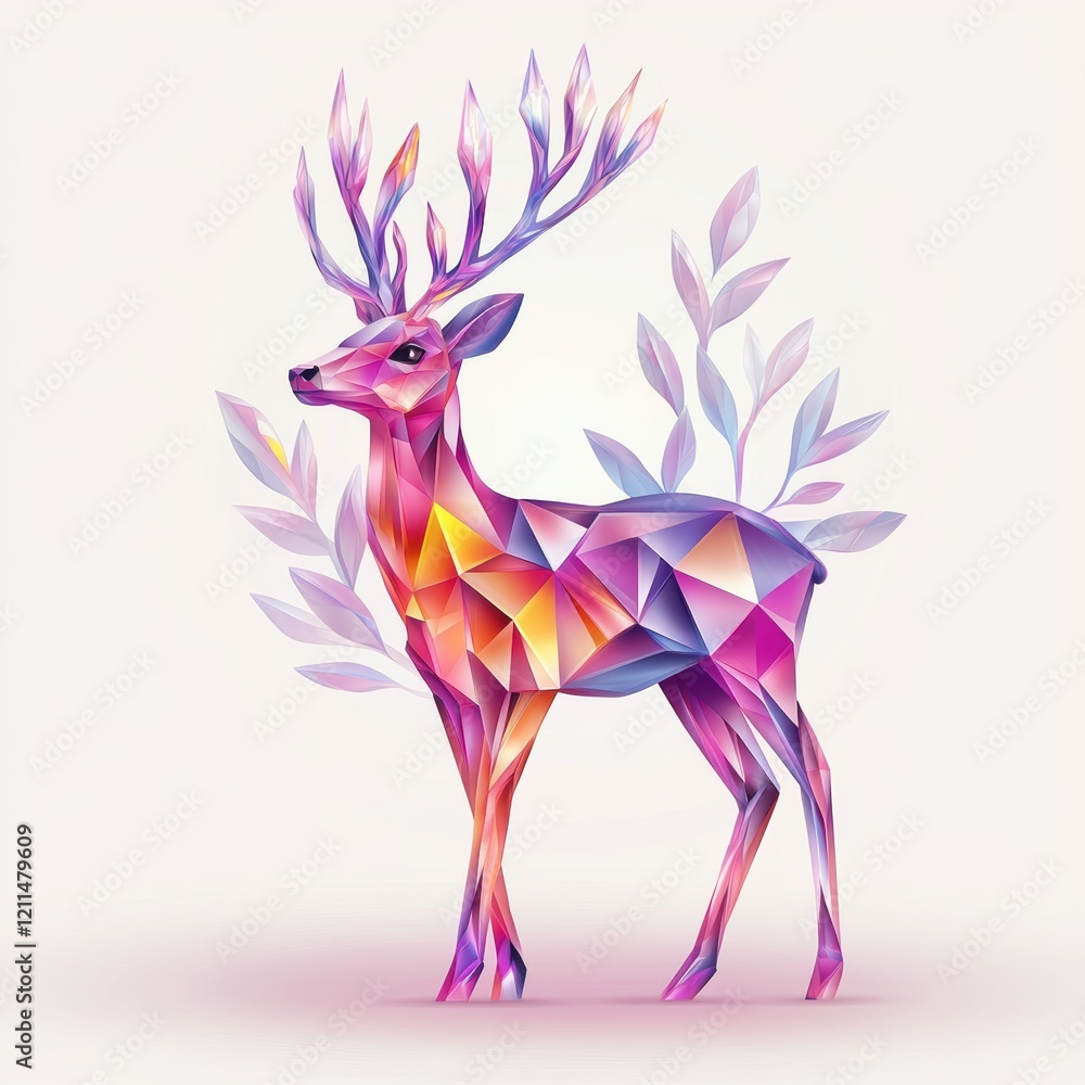 Fototapeta premium Vibrant Geometric Deer Illustration with Antlers and Leaves