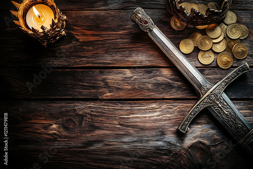 Golden crown, medieval sword, and scattered gold coins in the light of a burning candle on an old wooden table background.. photo