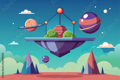 A whimsical illustration showcases planets balanced in a peaceful landscape under a vibrant sky Gravity Customizable Semi Flat Illustration
