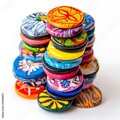 A stack of Pogs with colorful designs photo