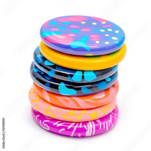 A stack of Pogs with colorful designs photo