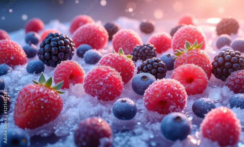 Vibrant frozen mixed berries on ice Vibrant frozen mixed berries on ice