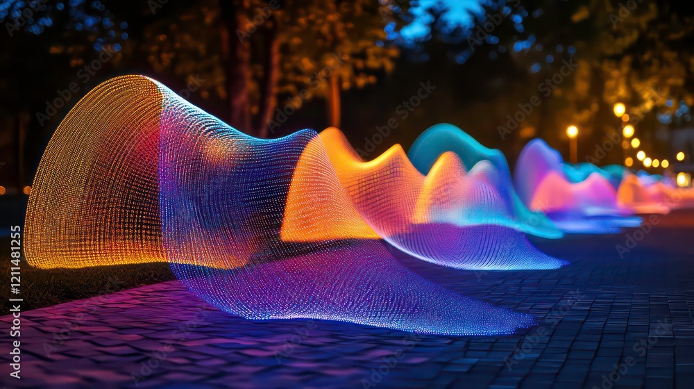 Obraz premium Colorful light trails along a park path at night, creating abstract shapes and patterns.