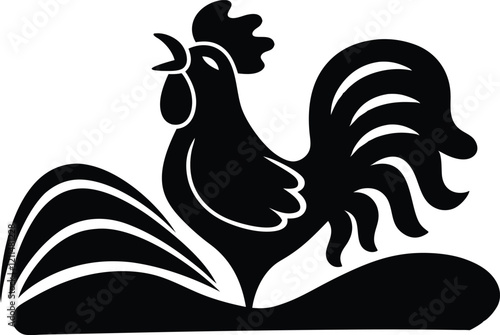 Stylized Rooster Silhouette, Farm Animal, Black and White Illustration