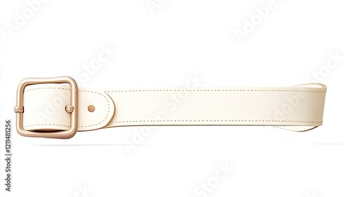 Elegant cream-colored leather belt with a shiny gold buckle, isolated on a clean white background