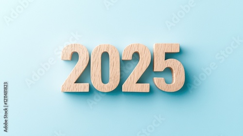 Wooden Numbers Representing the Year 2025 on a Soft Blue Background