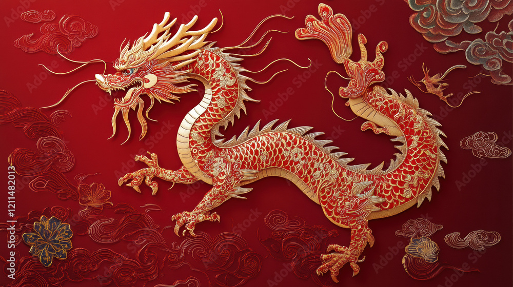 Fototapeta premium Vibrant night sky with a Chinese dragon, golden clouds, and red lanterns: Lunar New Year Celebrations