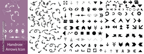 Hand drawn arrow vector icons set. Sketch arrow design for business plan and education. Set of arrows black icons. Circle arrows, rotate arrow, redo process symbol.