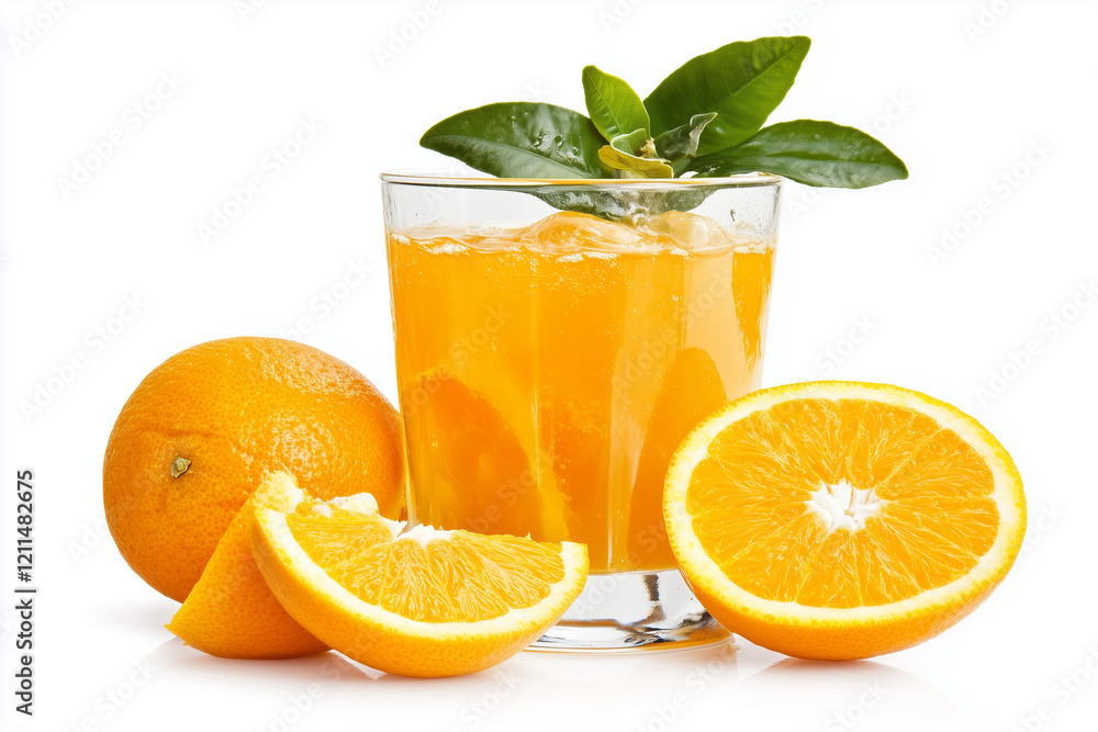 A glass of orange juice and sliced orange isolated on a white background. A glass of orange juice and sliced orange isolated on a white background.