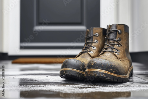 Dirty boots covered in mud at the entrance of an apartment room on a white floor background. photo