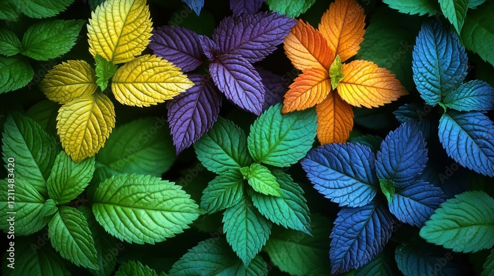 Fototapeta premium Vibrant Rainbow Mint Leaves: A Colorful Botanical Tapestry