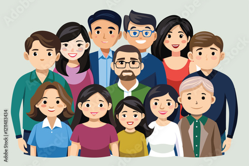 A joyful group of diverse friends stands together, smiling and enjoying their time together Group photo Customizable Disproportionate Illustration