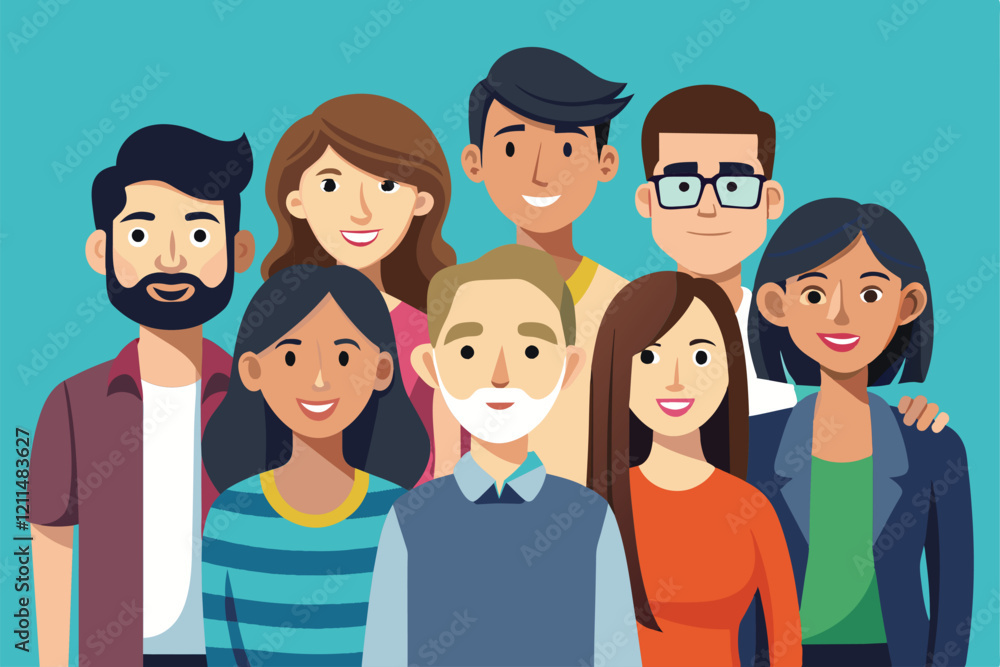 Friends gather and smile happily together during a casual get-together at home Group photo Customizable Flat Illustration Friends gather and smile happily together during a casual get-together at home Group photo Customizable Flat Illustration