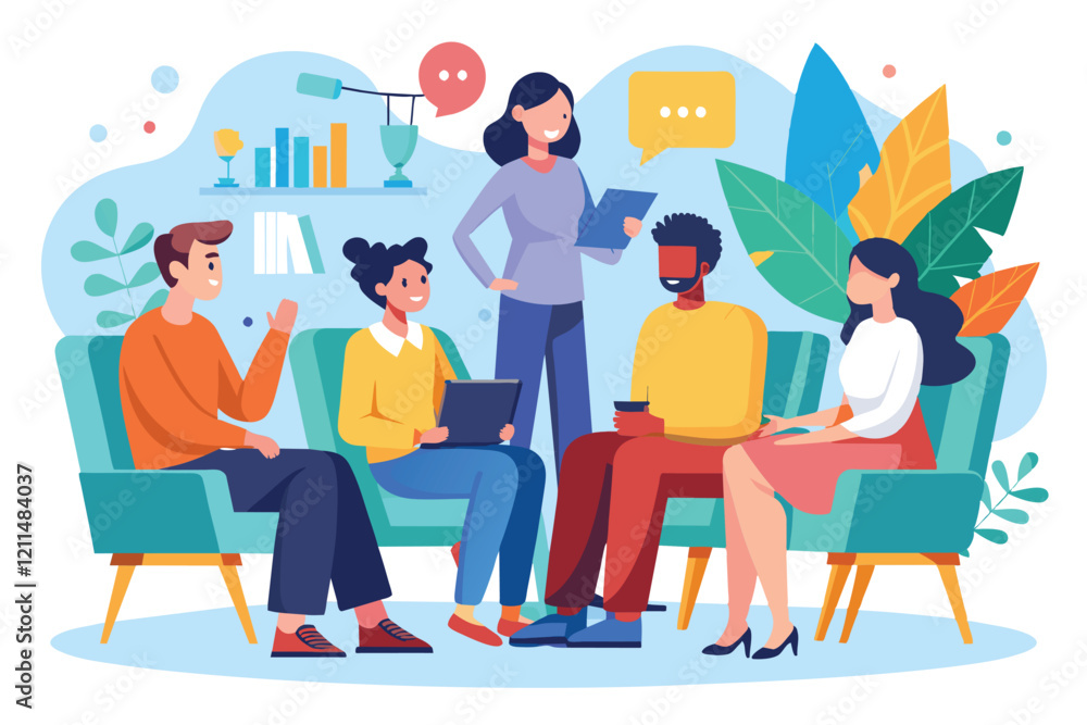 Participants share thoughts and feelings during a group therapy session in a colorful, inviting space Group therapy Customizable Flat Illustration Participants share thoughts and feelings during a group therapy session in a colorful, inviting space Group therapy Customizable Flat Illustration