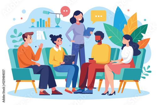 Participants share thoughts and feelings during a group therapy session in a colorful, inviting space Group therapy Customizable Flat Illustration