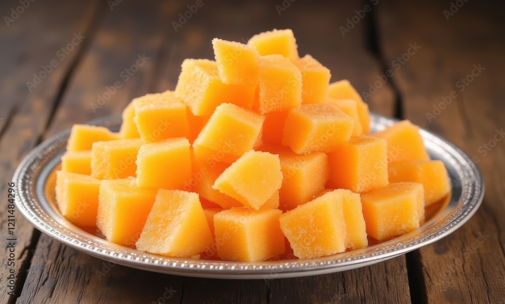 Fresh cantaloupe cubes on a silver plate Fresh cantaloupe cubes on a silver plate