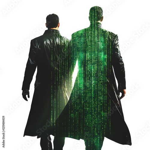 The Matrix green code and Neo in black trench coat