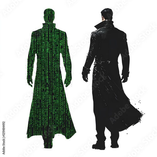 The Matrix green code and Neo in black trench coat
