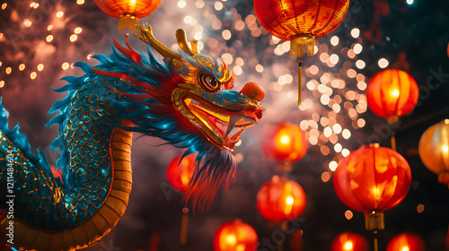 A golden Chinese dragon lantern decoration at a temple, symbolizing power and tradition during Chinese New Year celebrations 2025 photo