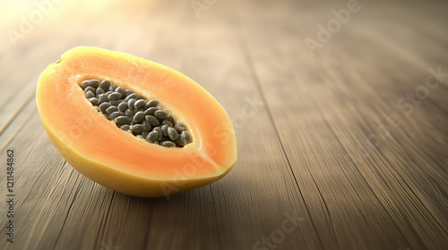 Ripe Papaya on Rustic Wood: A vibrant half of a ripe papaya sits on a rustic wooden table, revealing its sweet, succulent flesh and plentiful black seeds. The warm sunlight streams in from the side.