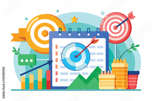 Colorful graphics depicting growth targets, a calendar, and charts for tracking progress and planning Growth data with targets and calendar