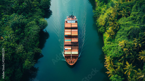 Wallpaper Mural Container ship navigating a lush green waterway. Torontodigital.ca