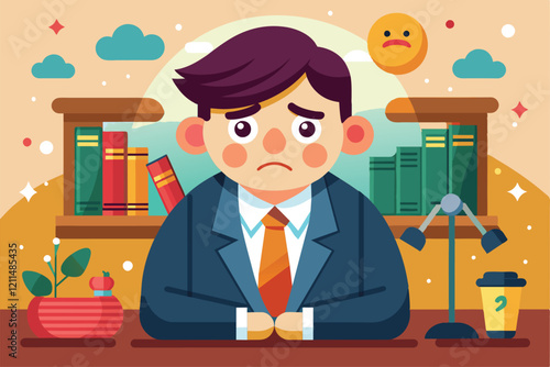 A cartoon character looks guilty while sitting at a desk with books and a coffee cup nearby Guilty Customizable Cartoon Illustration