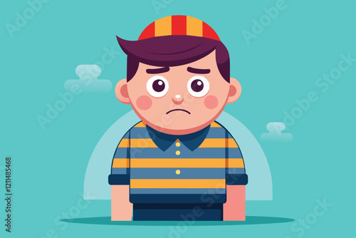 A boy appears forlorn, dressed in stripes and a hat, amidst a simple, colorful backdrop Guilty Customizable Disproportionate Illustration