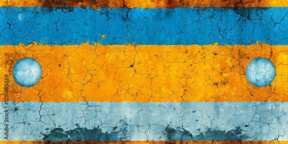 Two bold horizontal stripes of blue and orange dominate the composition, with a cracked and weathered surface.Circular shapes of the blue and orange elements create a sense of symmetry and balance.AI Two bold horizontal stripes of blue and orange dominate the composition, with a cracked and weathered surface.Circular shapes of the blue and orange elements create a sense of symmetry and balance.AI
