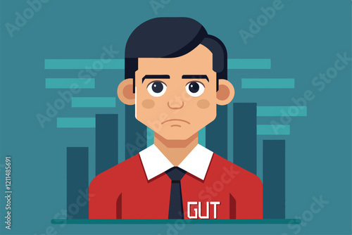 A worried-looking man dressed in red conveys feelings of guilt against a simple background Guilty Customizable Semi Flat Illustration