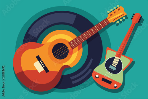 Guitars and vinyl records are arranged for sale in a colorful market setting Guitar and vynil plastic disc, Items for sale