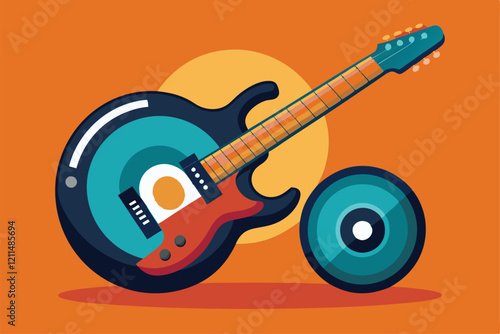 Guitar and vinyl records are showcased for sale in a colorful setting Guitar and vynil plastic disc, Items for sale