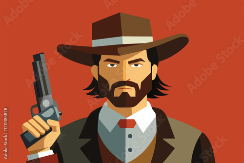 A gunslinger holds a revolver, ready for action in a colorful western backdrop Gunslinger Customizable Flat Illustration