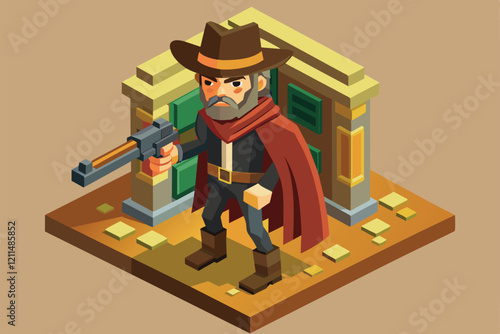 A skilled gunslinger prepares for a duel, showcasing customizable features and gear in a lively setting Gunslinger Customizable Isometric Illustration