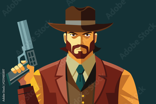 A rugged gunslinger stands confidently with a revolver, embodying the spirit of the wild west Gunslinger Customizable Semi Flat Illustration
