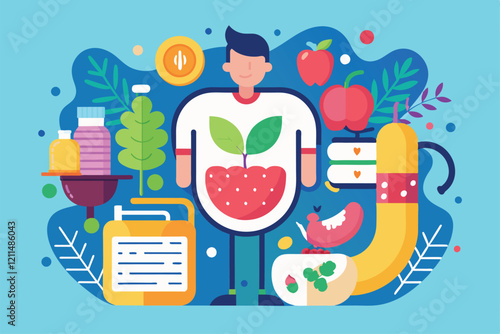 The illustration features a person surrounded by foods promoting gut health for tailored nutrition choices Gut health Customizable Flat Illustration