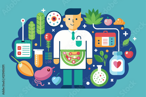 A doctor stands among diverse symbols of gut health, showcasing personalized wellness options and healthy habits Gut health Customizable Flat Illustration