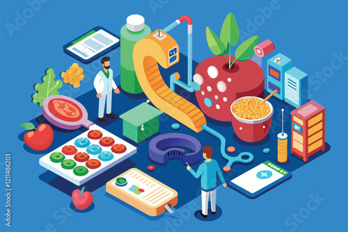 This illustration showcases various elements of customizable gut health solutions and treatments Gut health Customizable Isometric Illustration