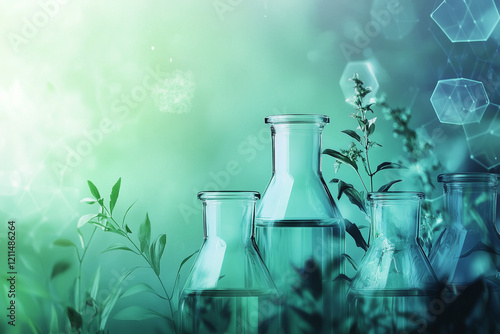 Vials and flasks in lush green foliage and chemical compounds background, science and medicine, natural remedies...