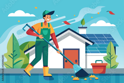 A worker joyfully removes leaves and debris from gutters in a sunny suburban setting Gutter cleaning Customizable Disproportionate Illustration