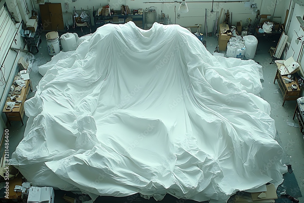 A large white fabric sculpture dramatically draped and flowing across a studio floor, viewed from above. A large white fabric sculpture dramatically draped and flowing across a studio floor, viewed from above.