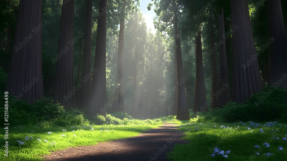 Fototapeta premium Misty Redwood Forest Trail with Morning Sunlight Streaming Through Canopy