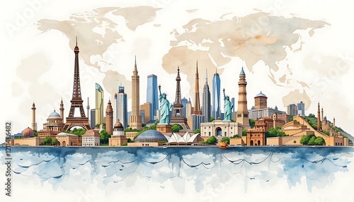 A Watercolor Panorama of the World's Most Famous Landmarks and Cities Skyline, a Stunning Visual Representation of Global Architecture and Travel Destinations